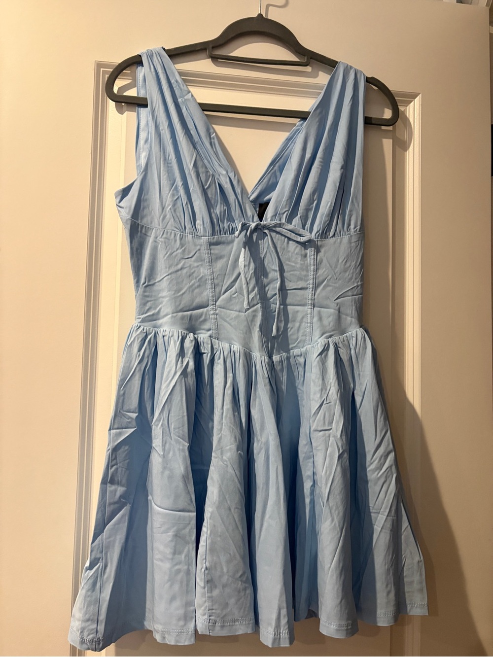 Express Light Blue V-Neck Tie-Front Mini Dress